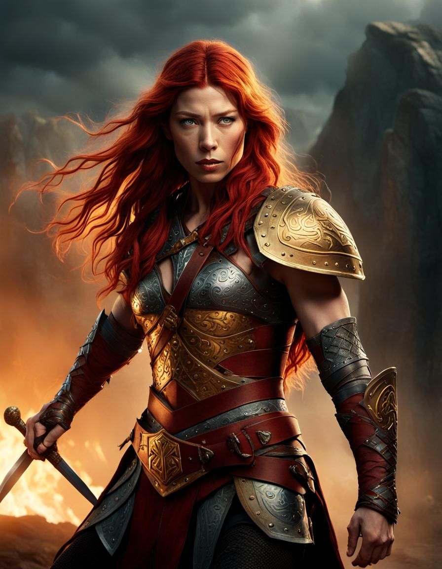 Red Sonja, Cinematic Barbarian Warrior in Golden Light