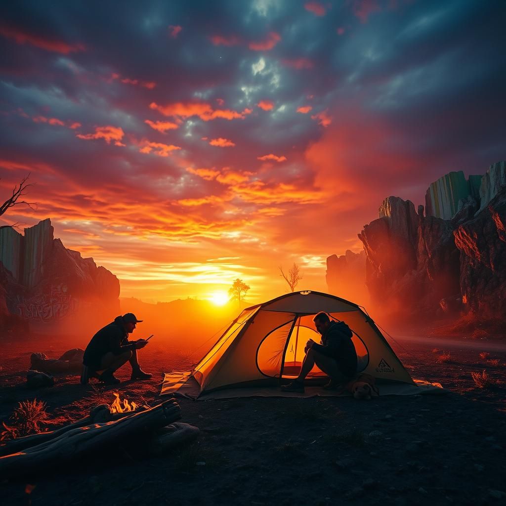 Vivid Camping Scene with Graffiti Art Background