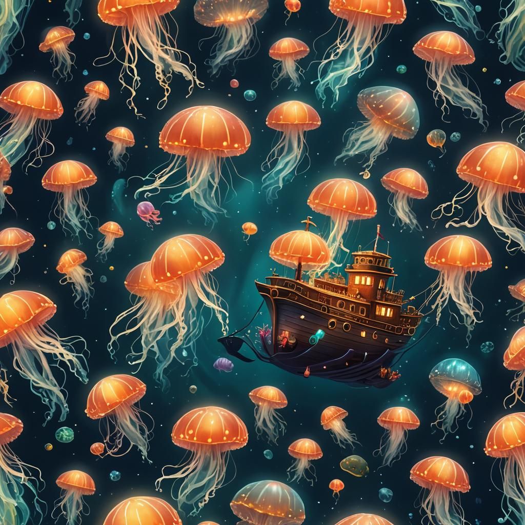 Underwater Ship Lit by Jellyfish