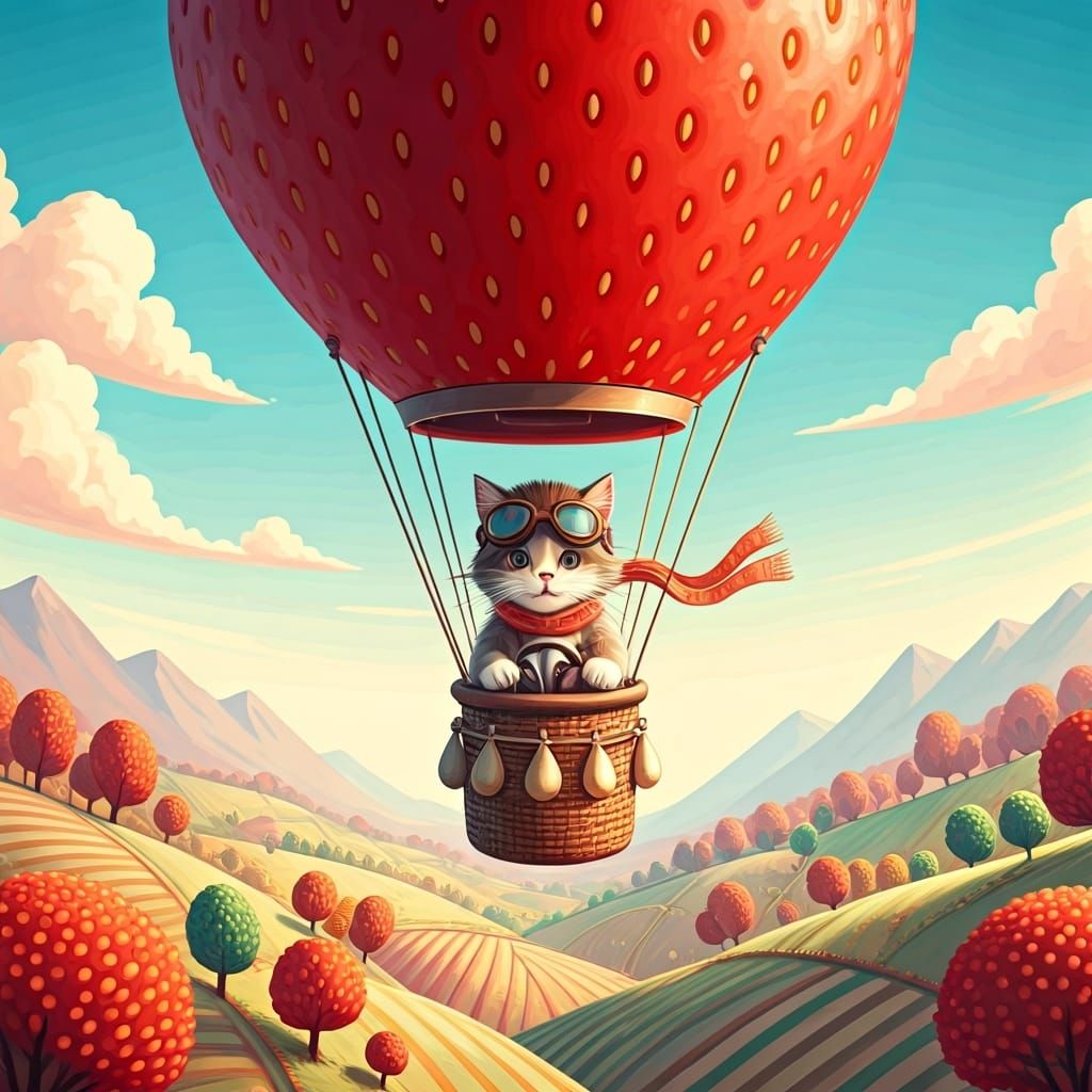 Anthropomorphic Cat Piloting Strawberry Balloon in Storybook...