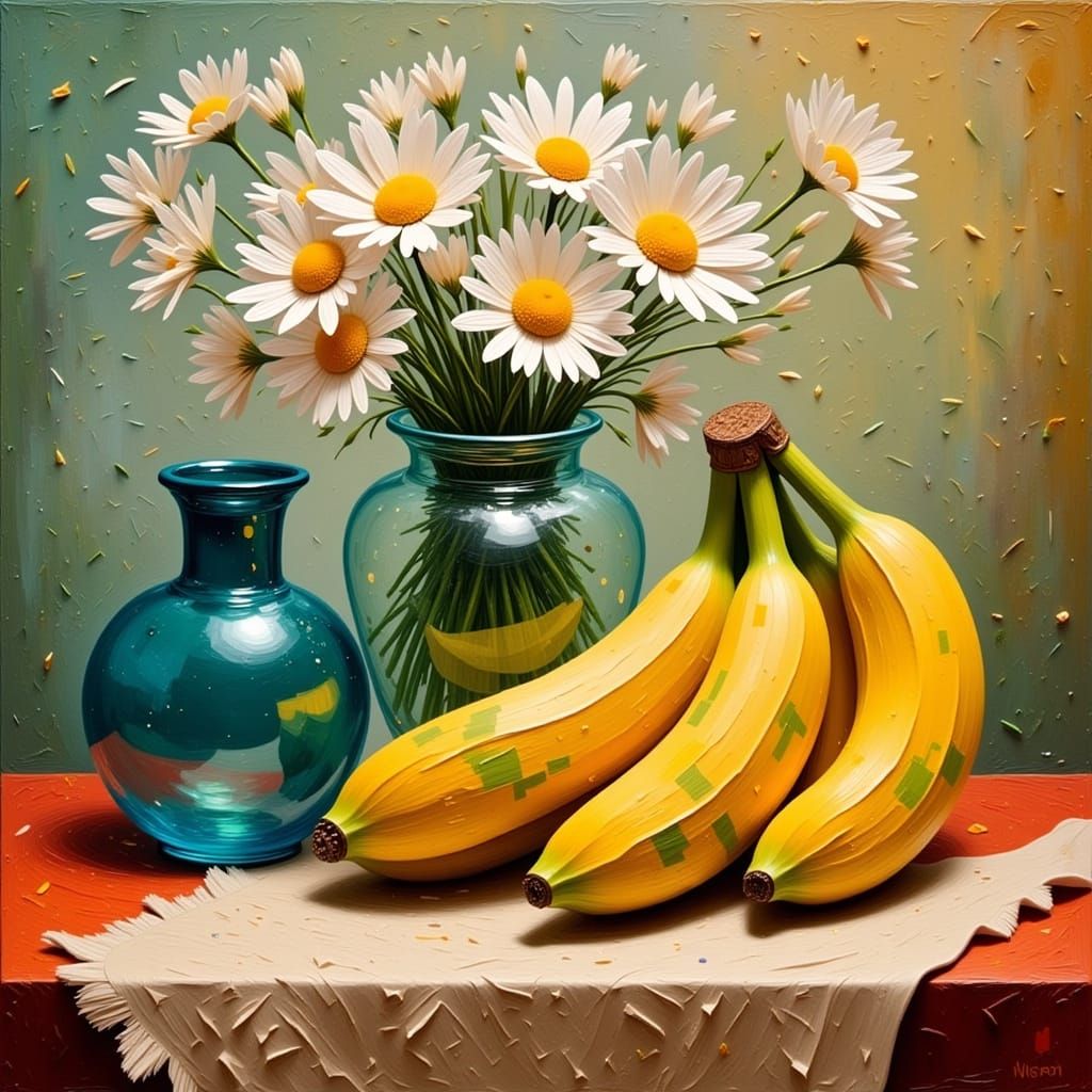 Cubist Still Life Painting of Bananas and Daisies