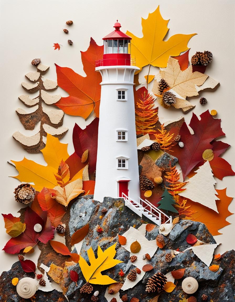Autumn Lighthouse Collage Art With Mixed Media