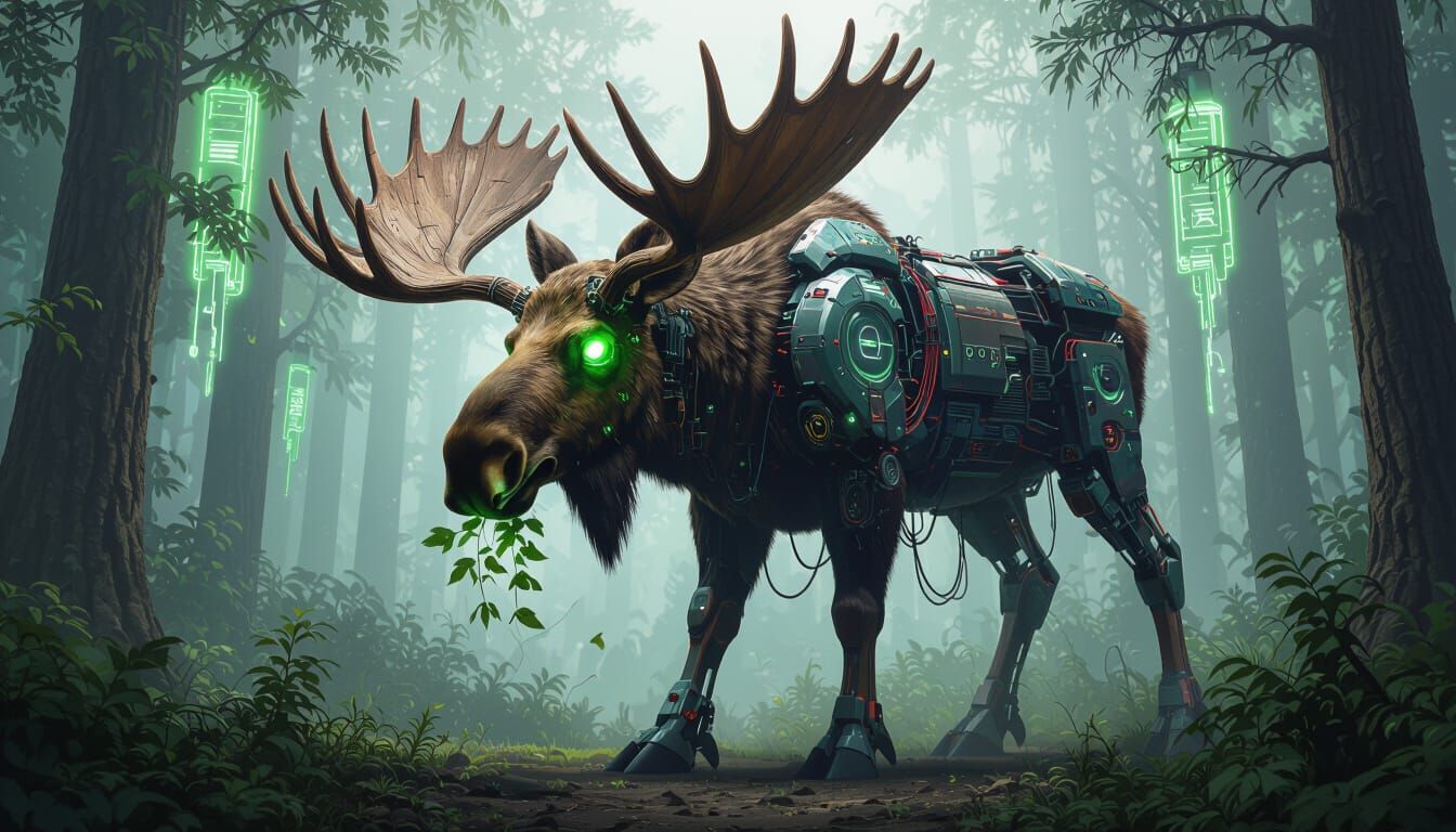 Giant Cybernetic Moose Roams Megacity Jungle