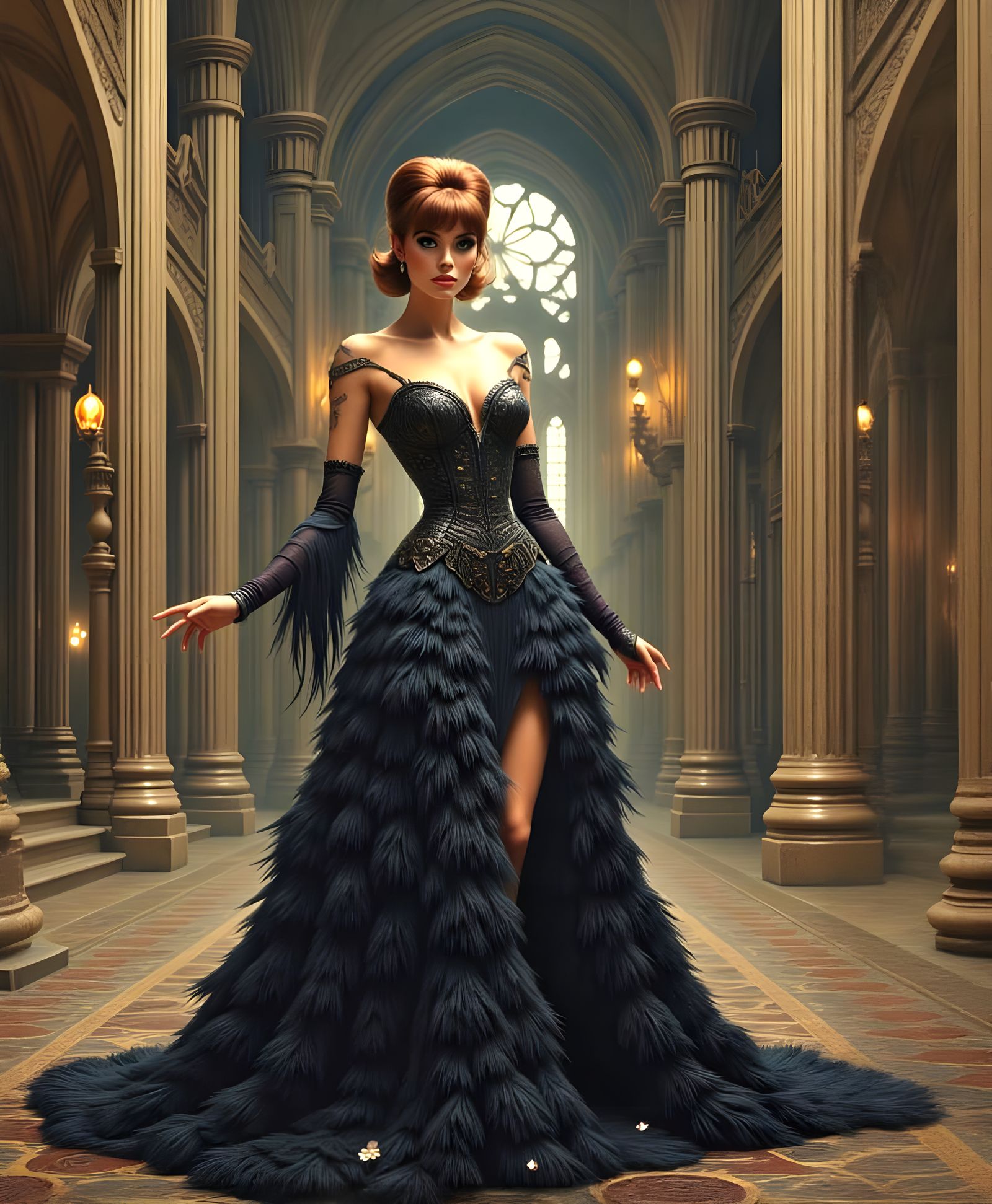 Feathered Dress in Gothic Cathedral Photo
