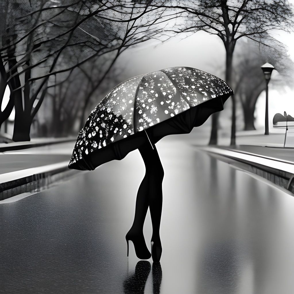 Elegant Woman in Rain with Roses and Umbrella