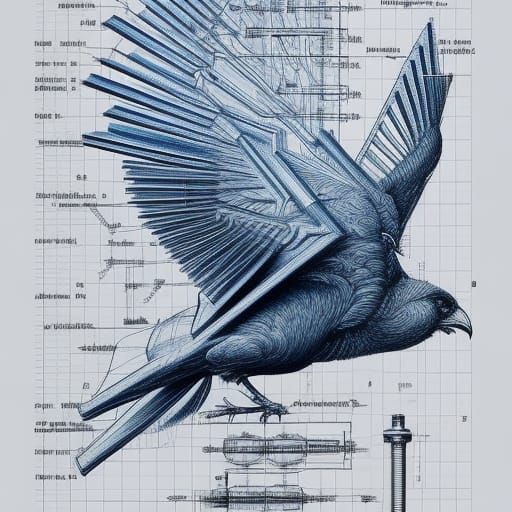 Mechanical Bird Blueprint in Steampunk Cyberpunk Style
