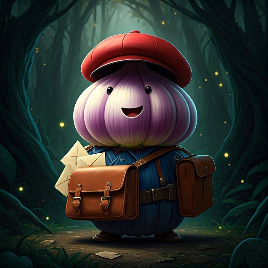 Whimsical Postman in a Mystical Forest Landscape