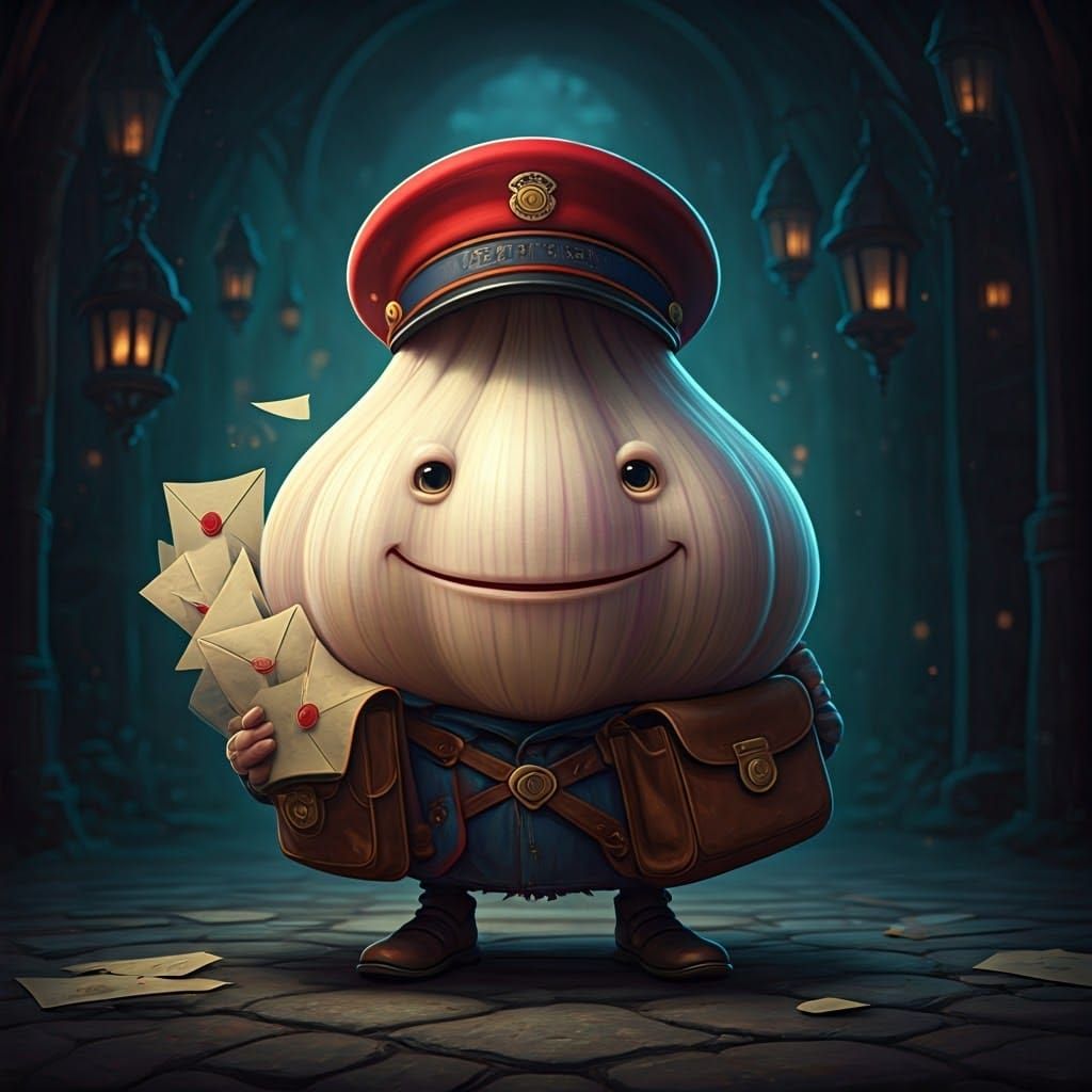 Vibrant Red-Hatted Postman Delivers with Whimsy