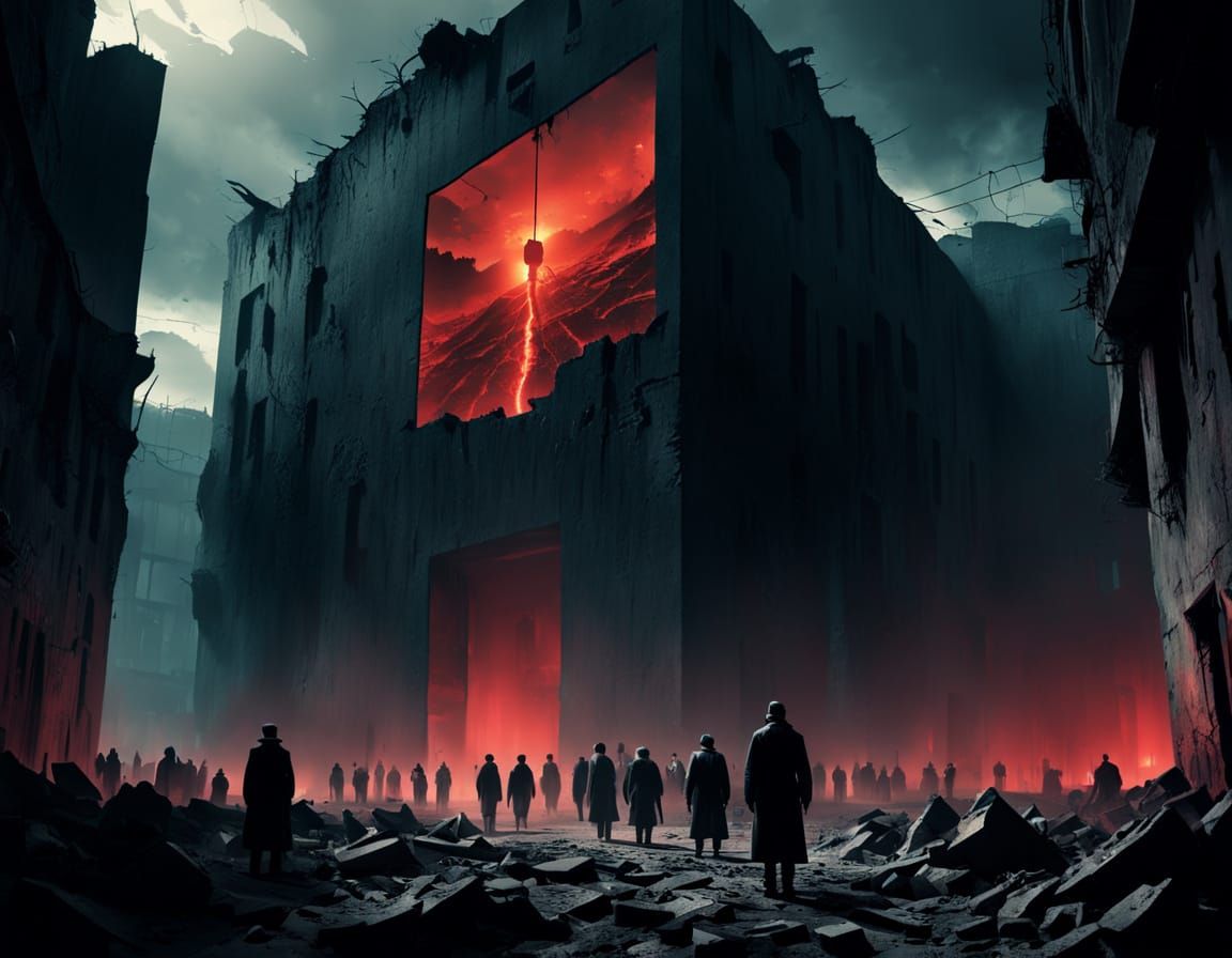 Dystopian Surrealism in Ruined City Square