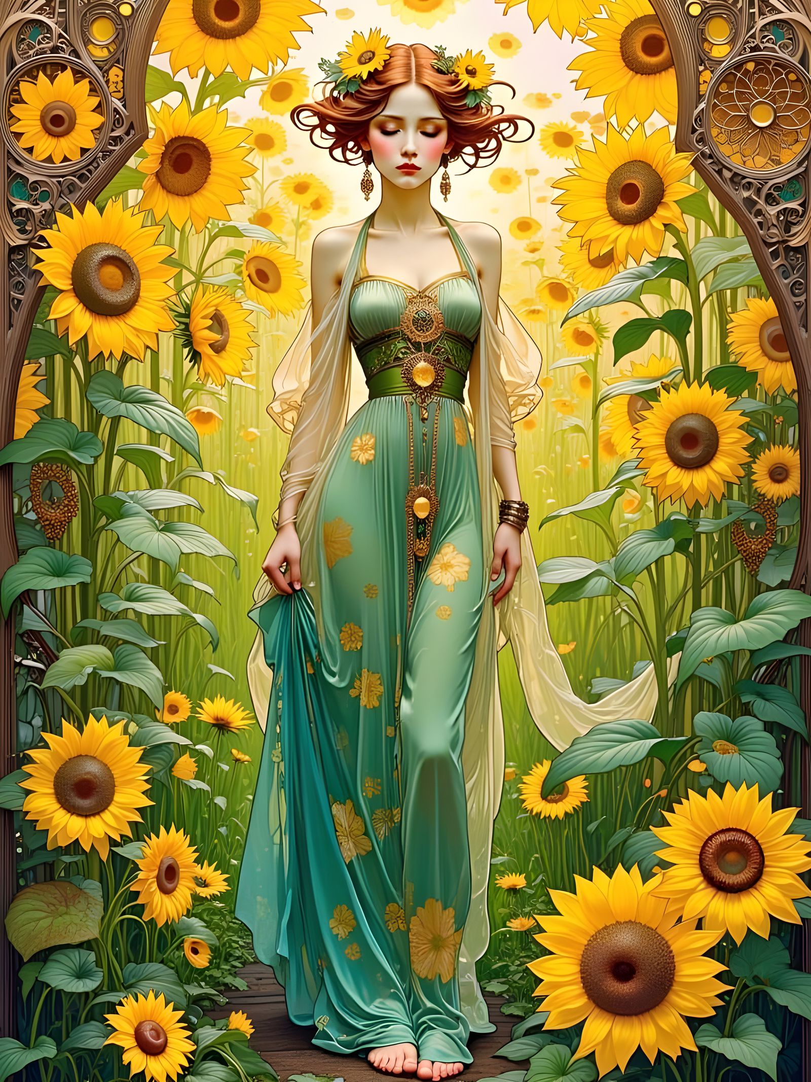 Lady of the Golden Sunflowers in Art Nouveau Style