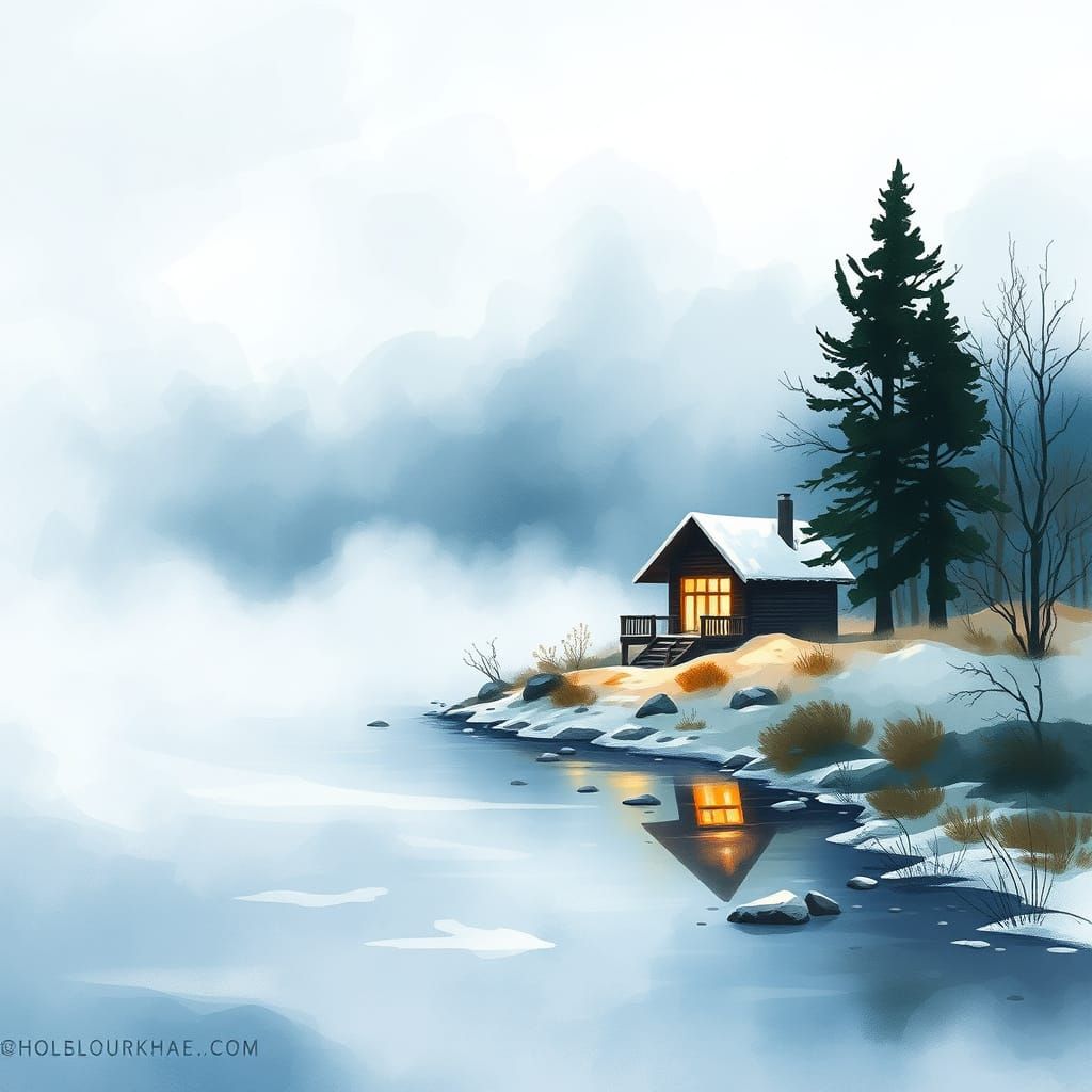 Dreamy Winter Cabin in Drifting Mist Watercolor