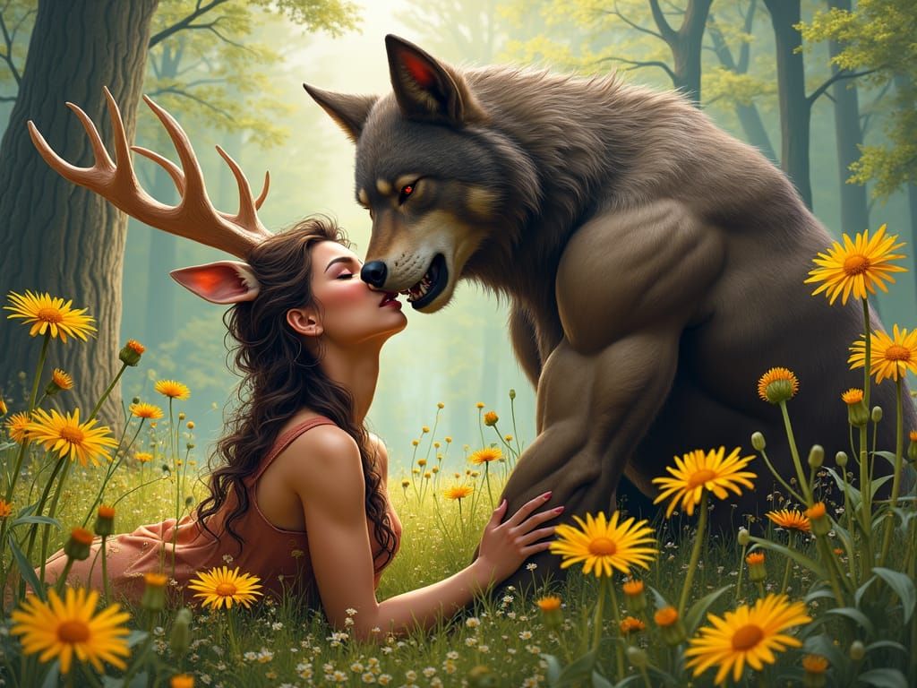 Wolf Man and Deer Woman in Enchanting Forest Landscape