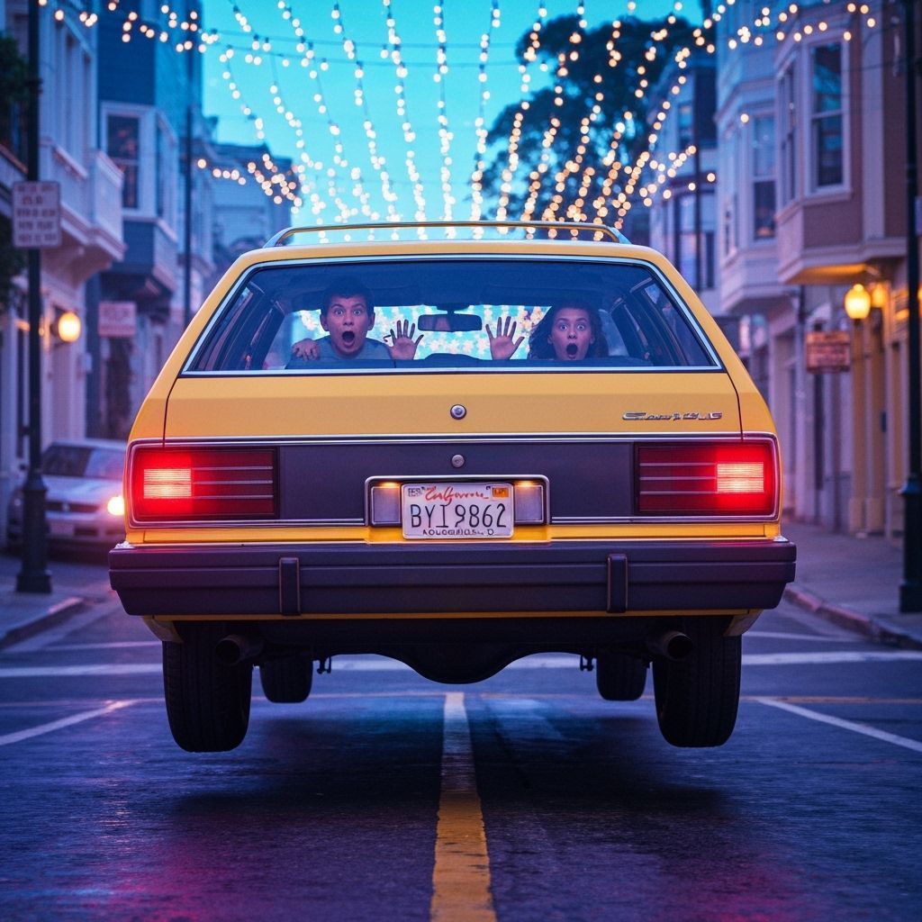 Retro-Futuristic Dodge Wagon Flying Through San Francisco