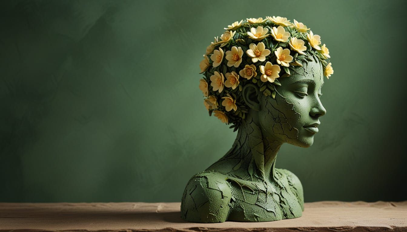 Clay Sculpture of Broken Figure with Gold and Flowers
