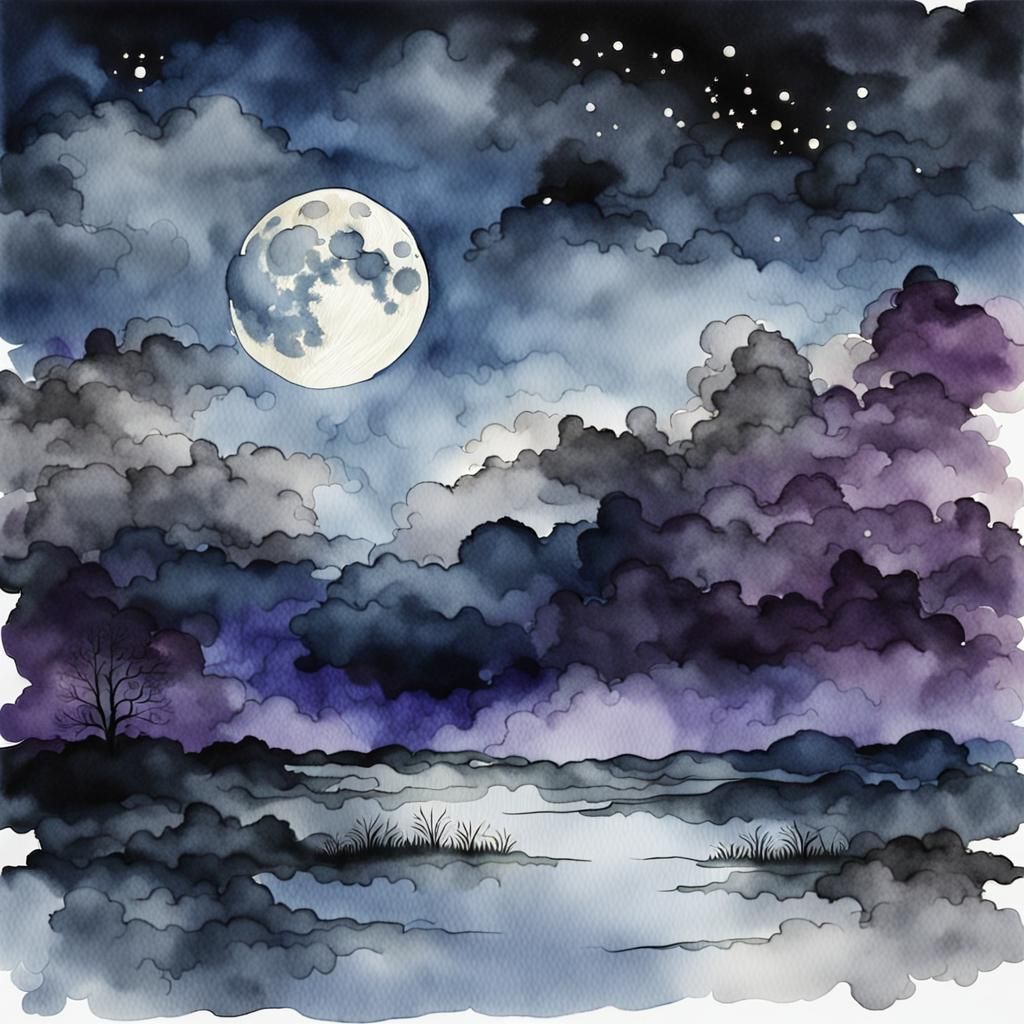 Misty Moon Over Clouds in Watercolor Style