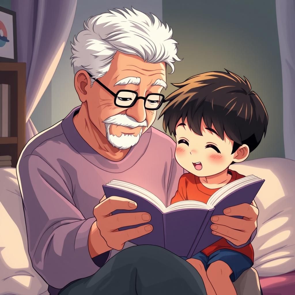 Grandparent Reading to Grandson in Anime Style