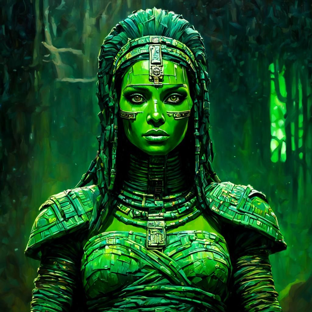 Inca Mummy in Android Green Oil Painting