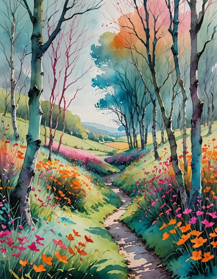 Ethereal Rainbow Landscape Watercolor Painting