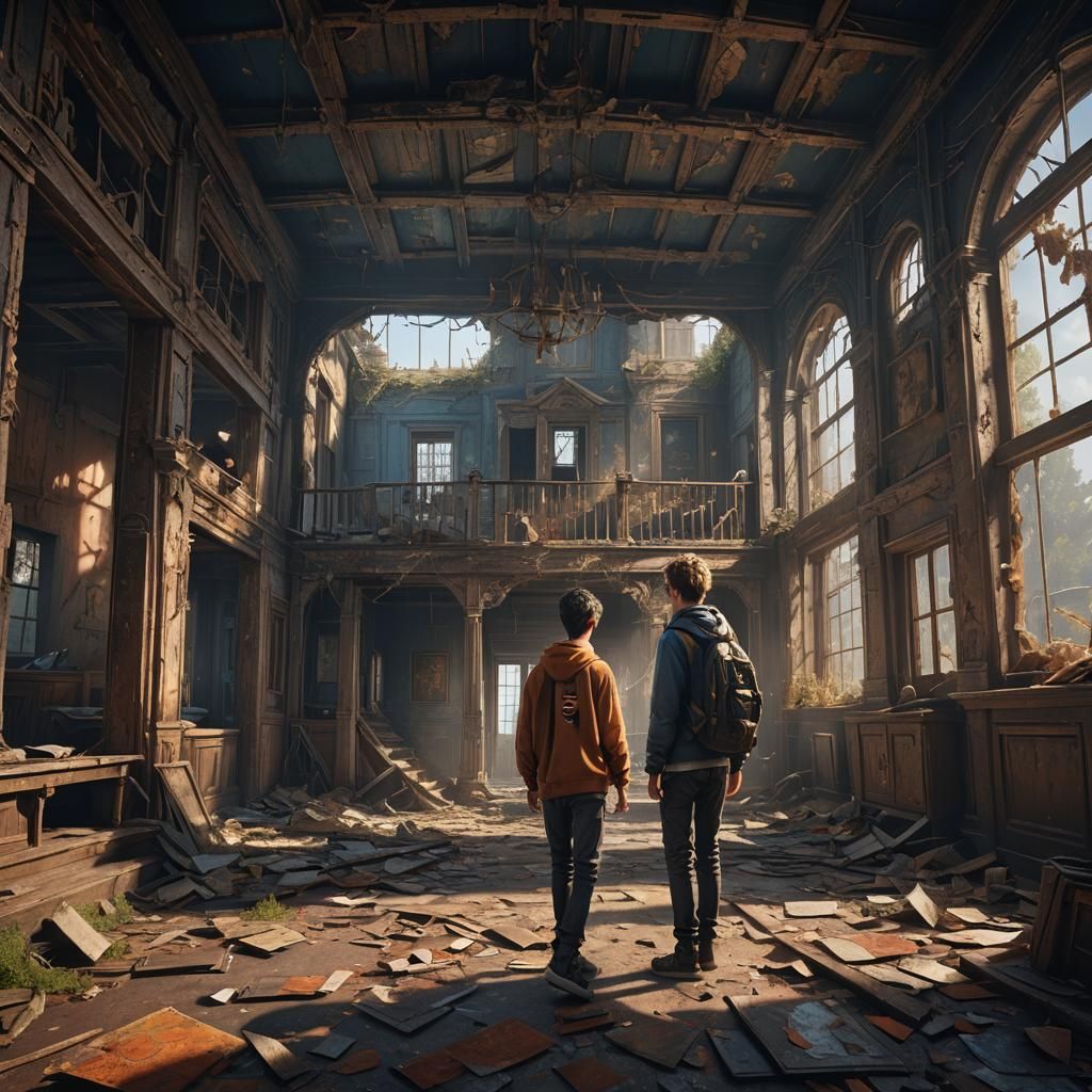 Teenage Boy in Abandoned House: Detailed Matte Painting