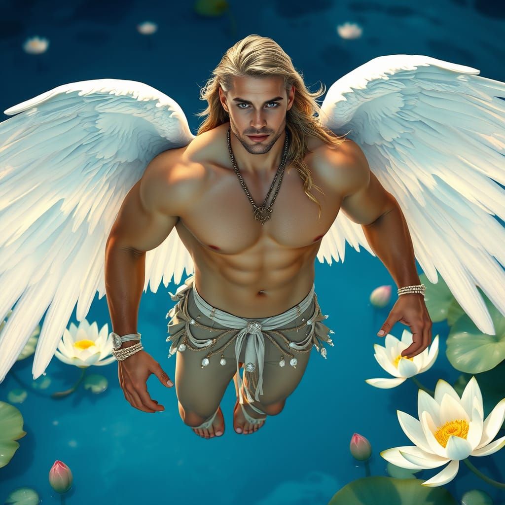 Angelic Man Floating Above Lotus Pond as Digital Art