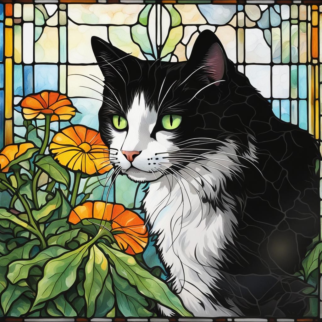 Cat and Dew Drop in Stained Glass Style