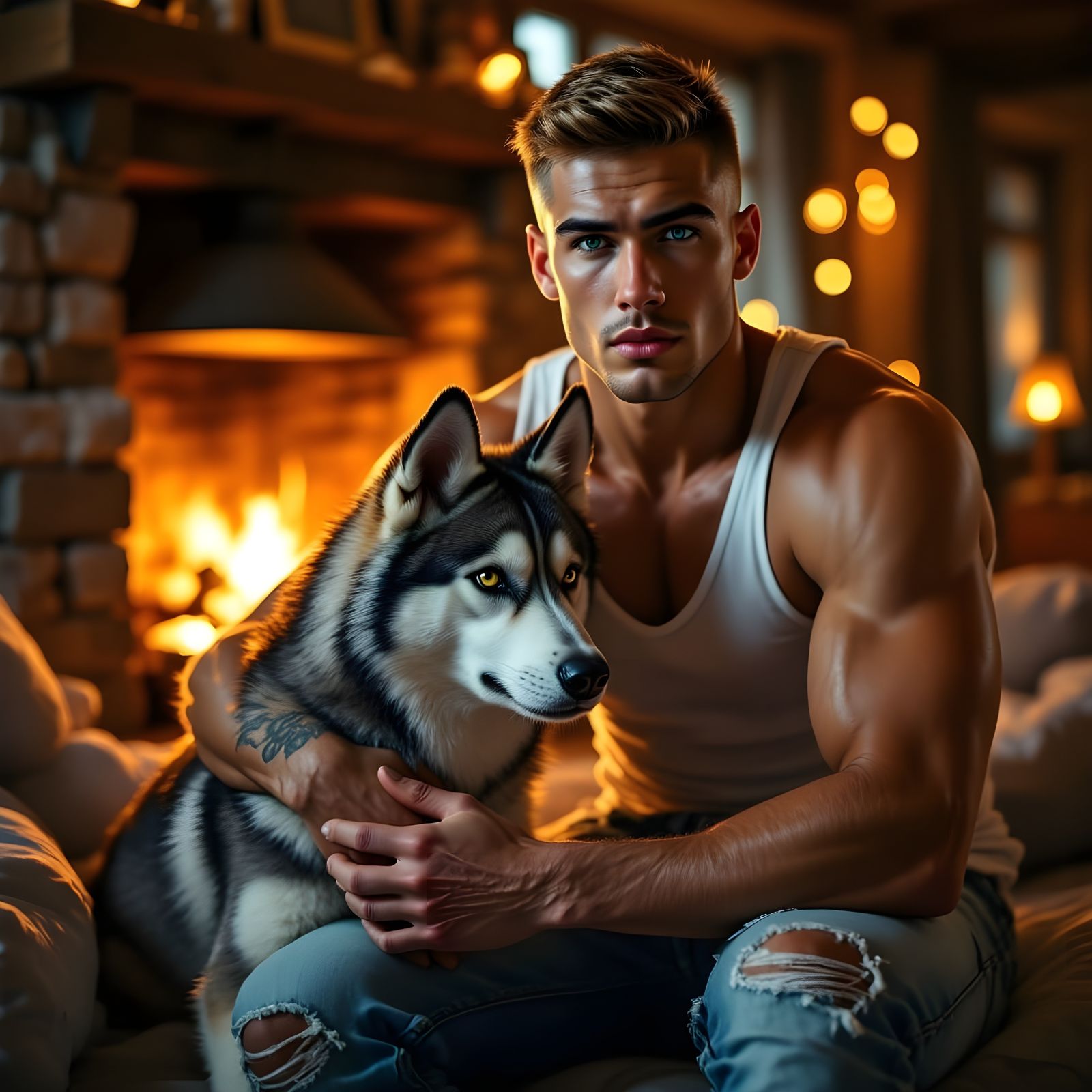 Intimate Moment with Loyal Husky by the Fireplace