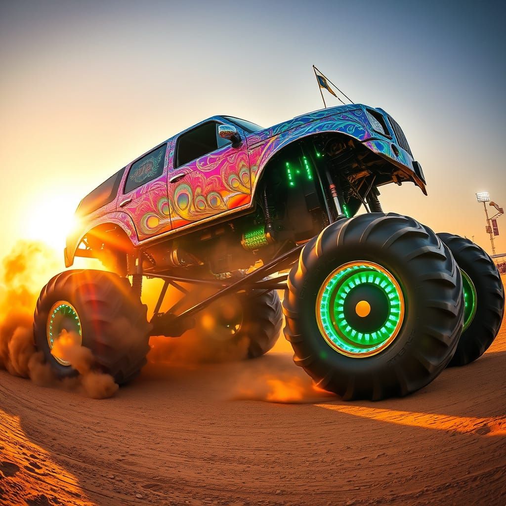 Gargantuan Peacock Monster Truck in Vibrant Iridescent Hues