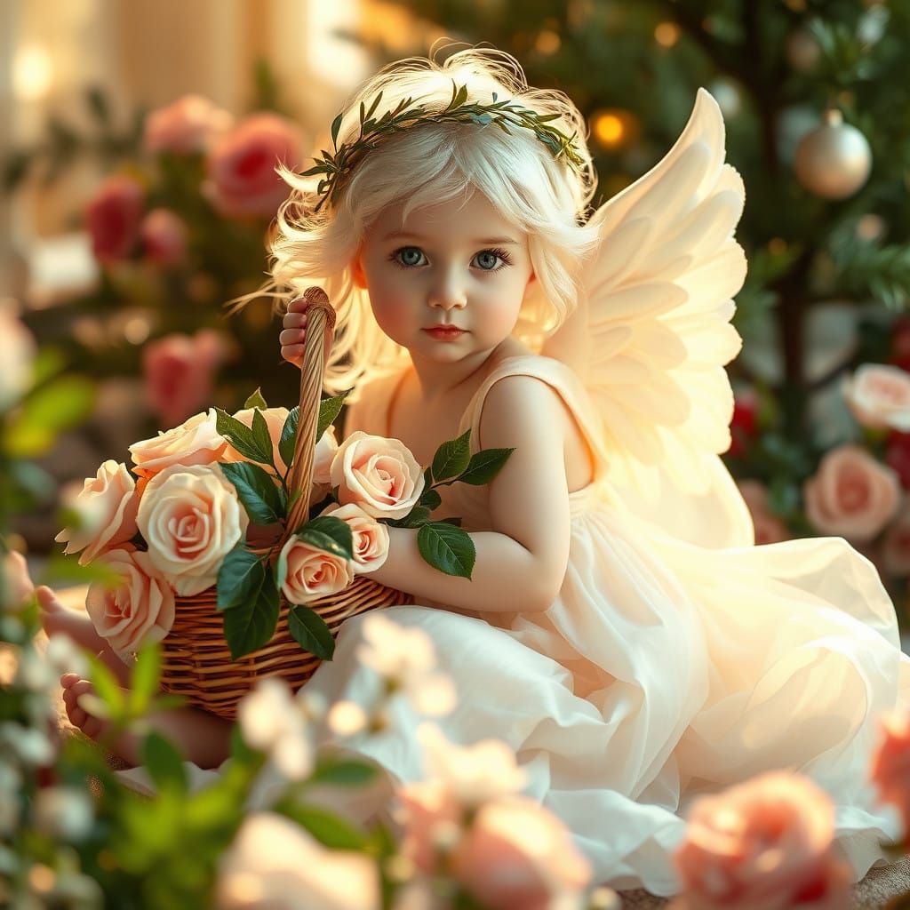 Whimsical Christmas Angel with Olive Wreath and Roses