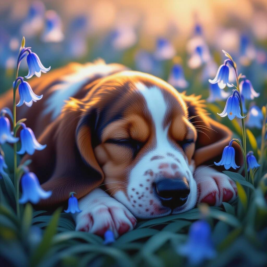 Majestic Basset Hound Sleeps in Bioluminescent Flowers