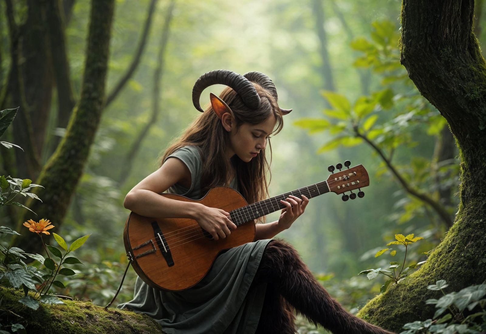 Female Faun Playing Lute in Forest
