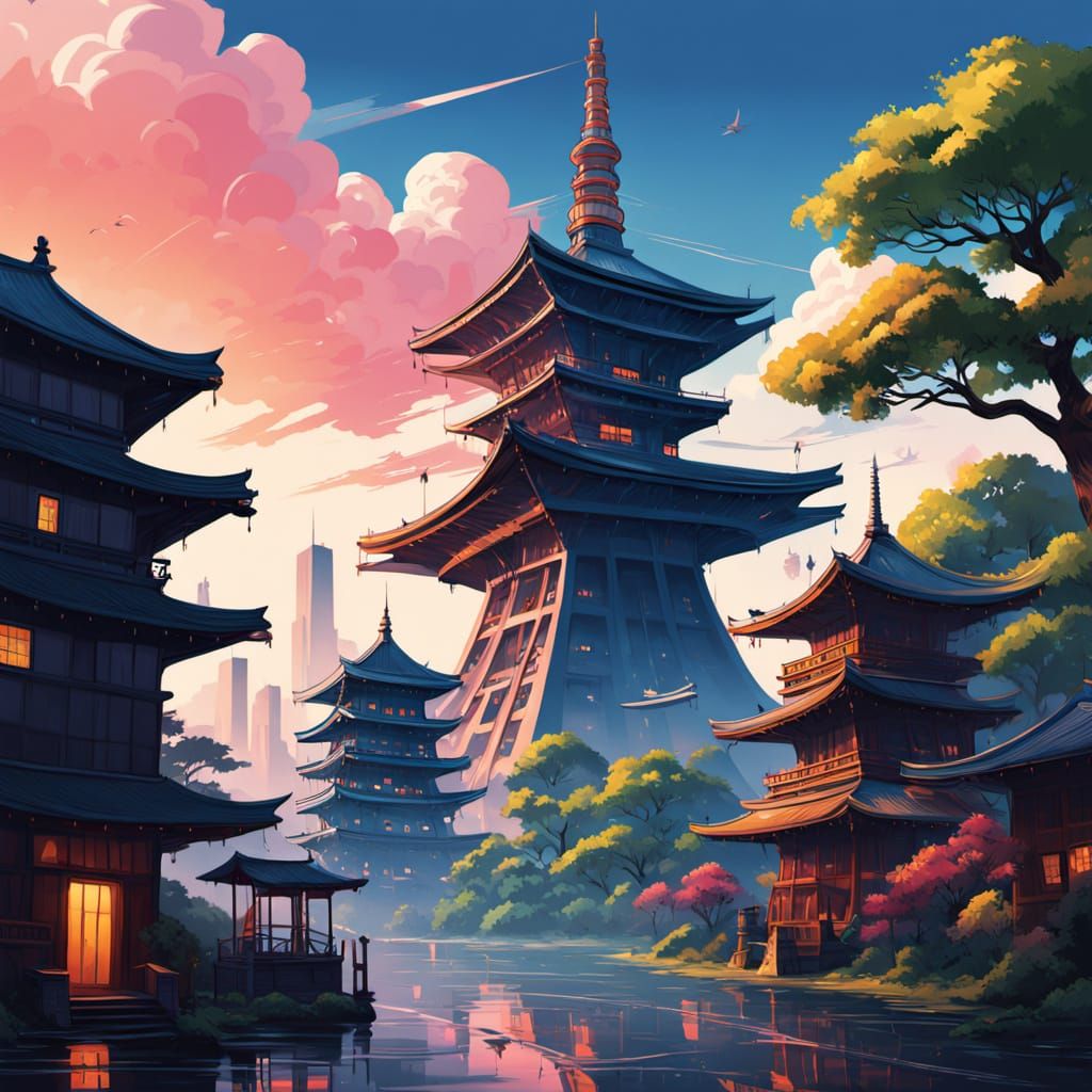 28th Century Atompunk Tokyo Pagoda with Atomic Airship