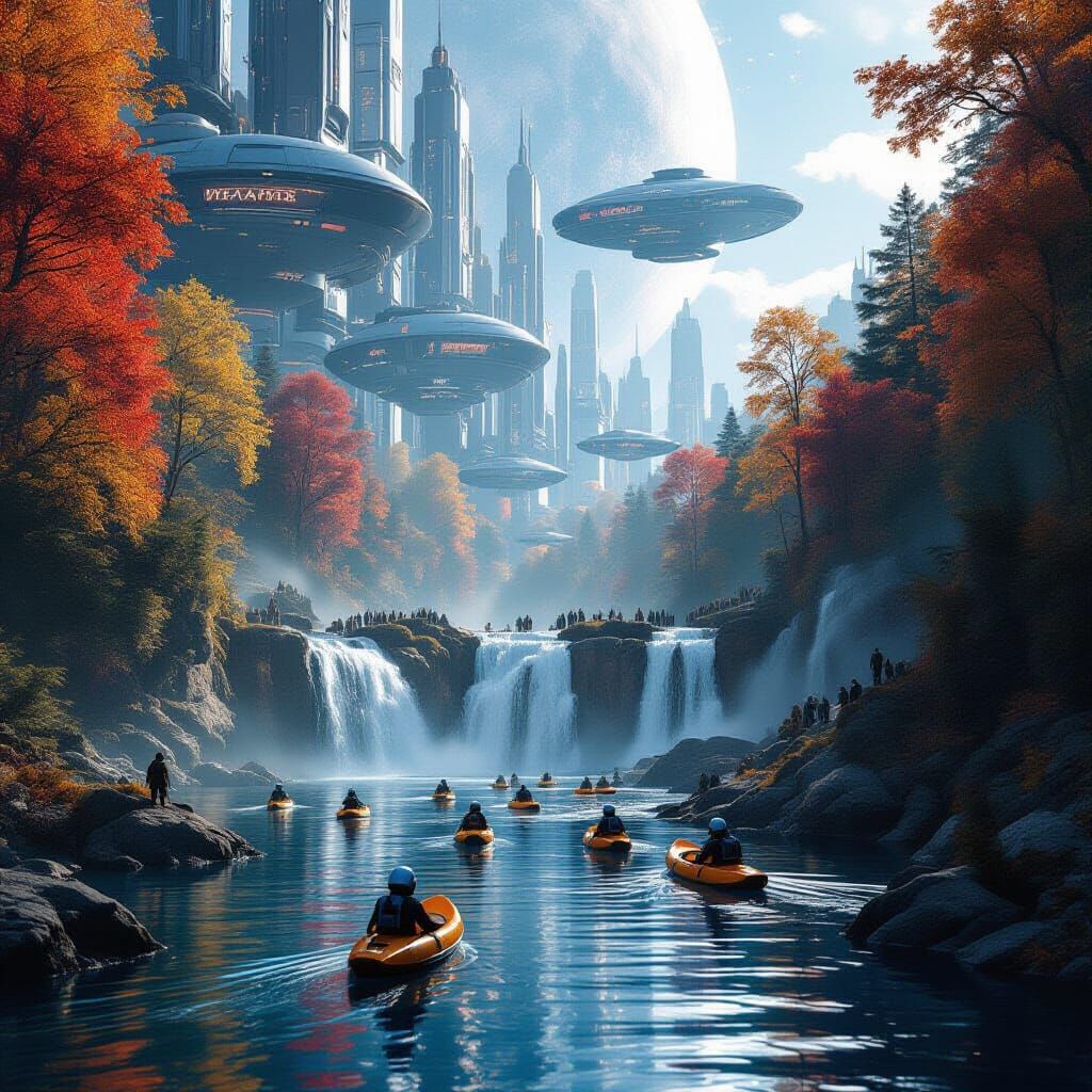 Autumn Waterfall in Futuristic Space City