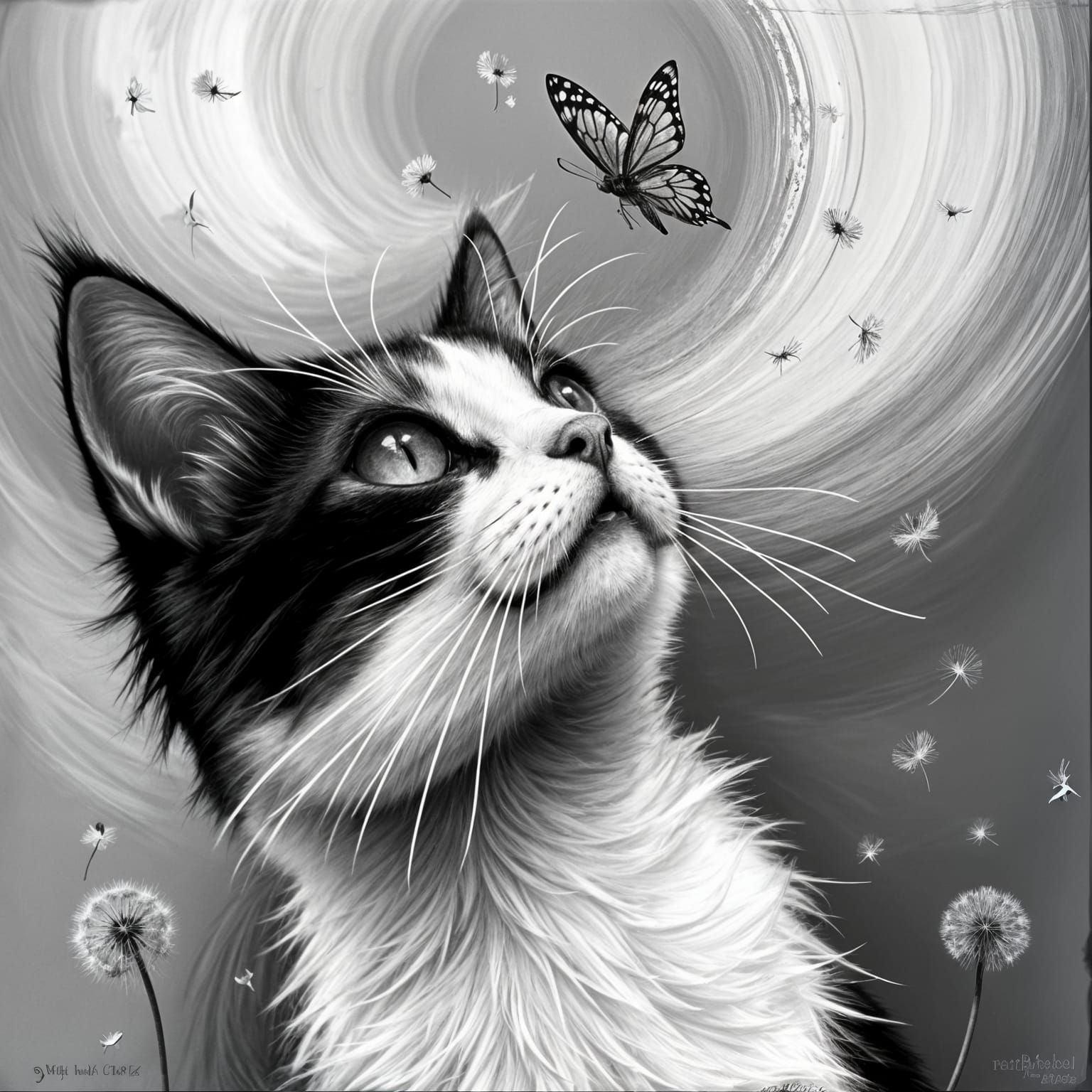 Grunge-Inspired Feline and Floral Dance in Black and White