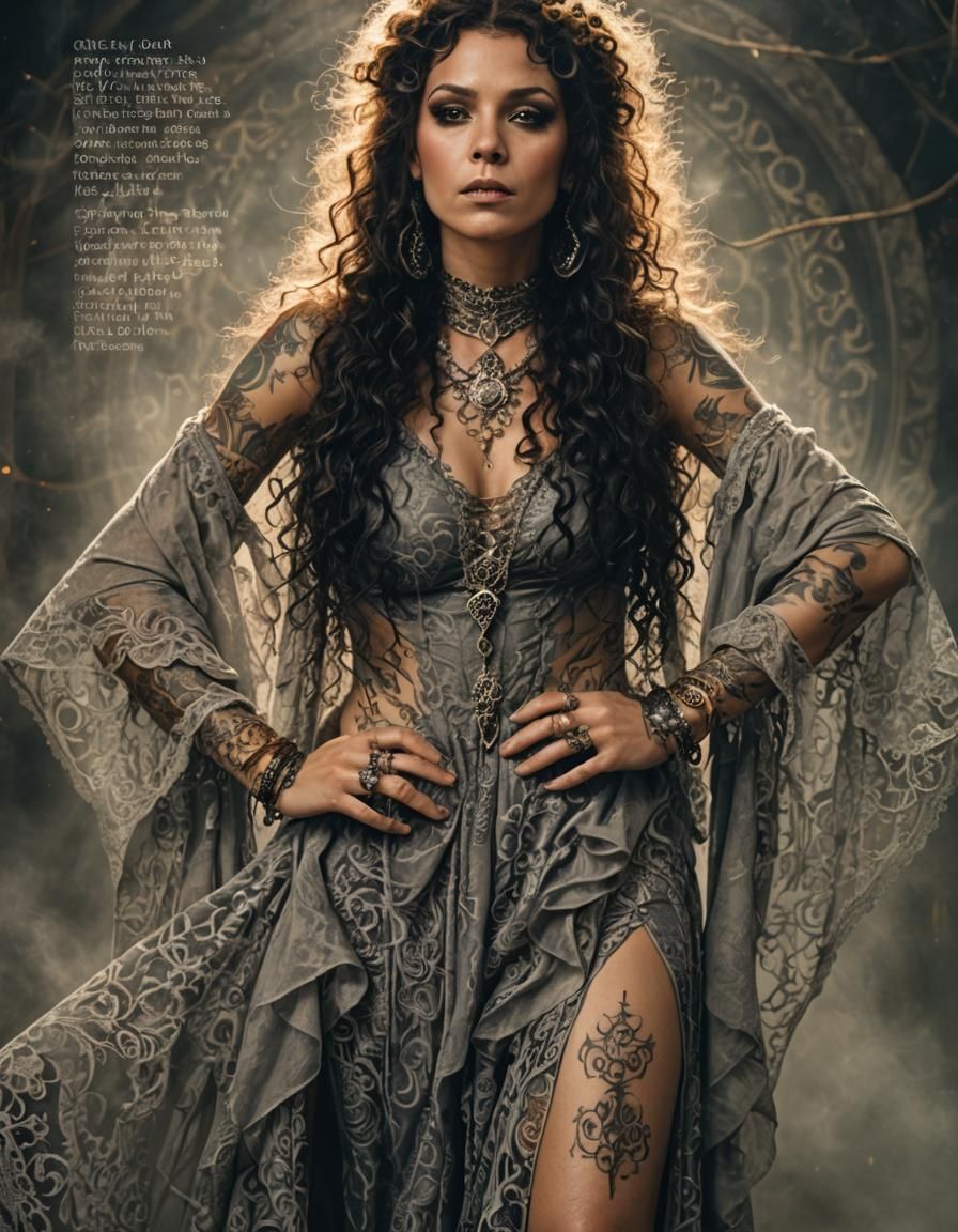 Cinematic Portrait of a Tattooed Witch in Golden Lace