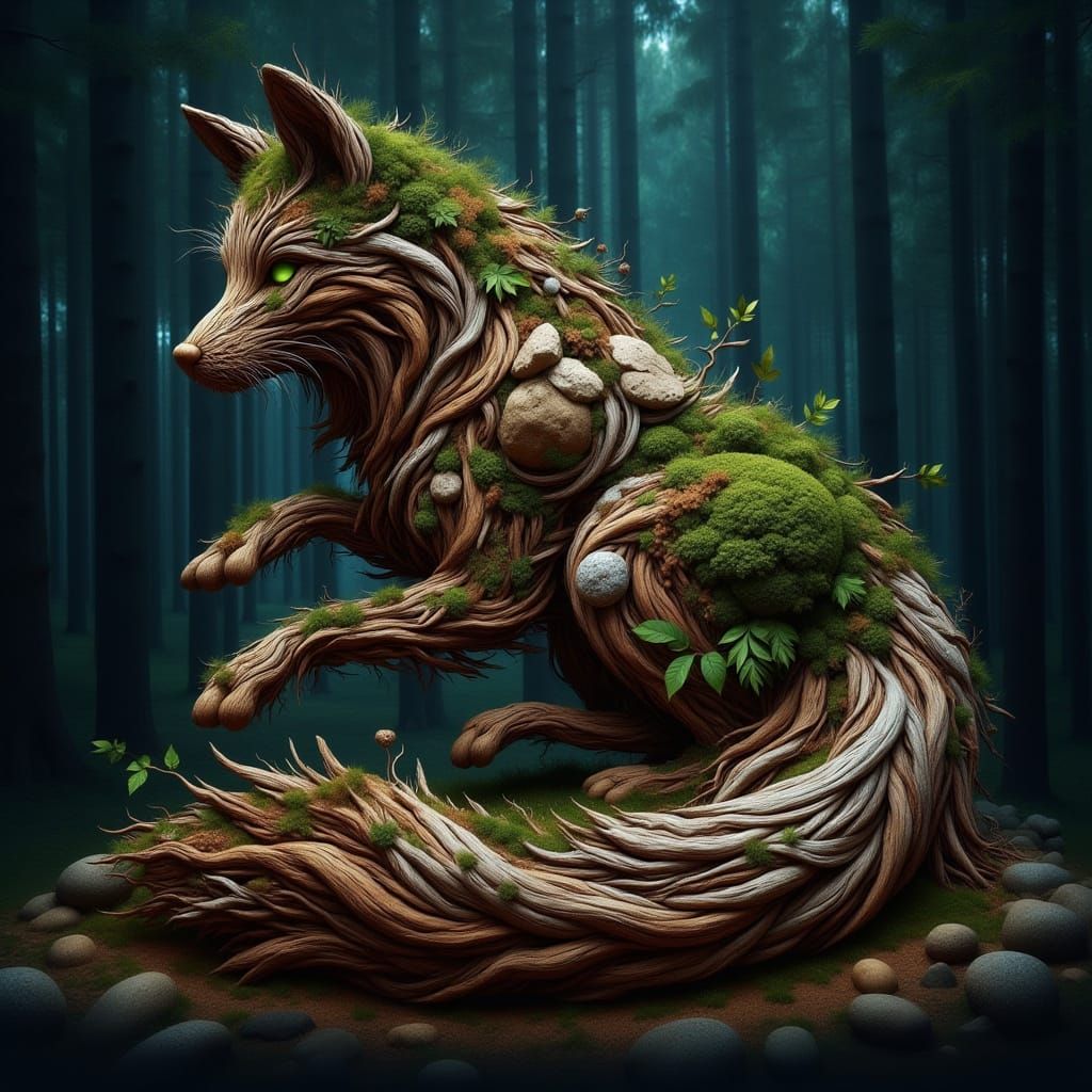 Fox of Wood, Stone and Leaves in Forest