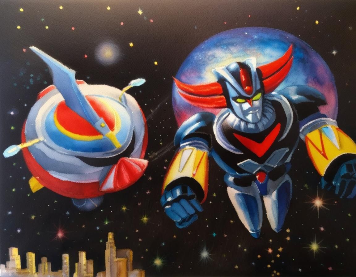 Grendizer Robot in Space: Watercolor on Black Paper