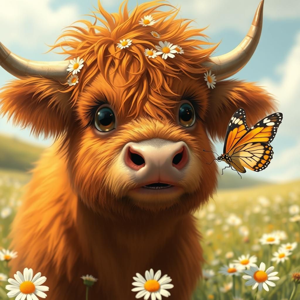 Whimsical Highland Calf with Butterfly and Daisies