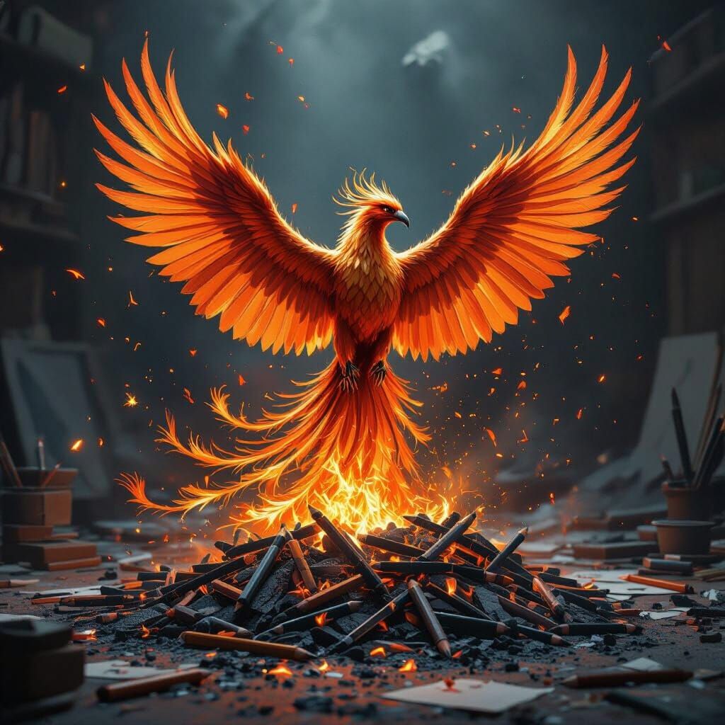 Phoenix Crafted from Pencil Shavings in Dark Fantasy Style