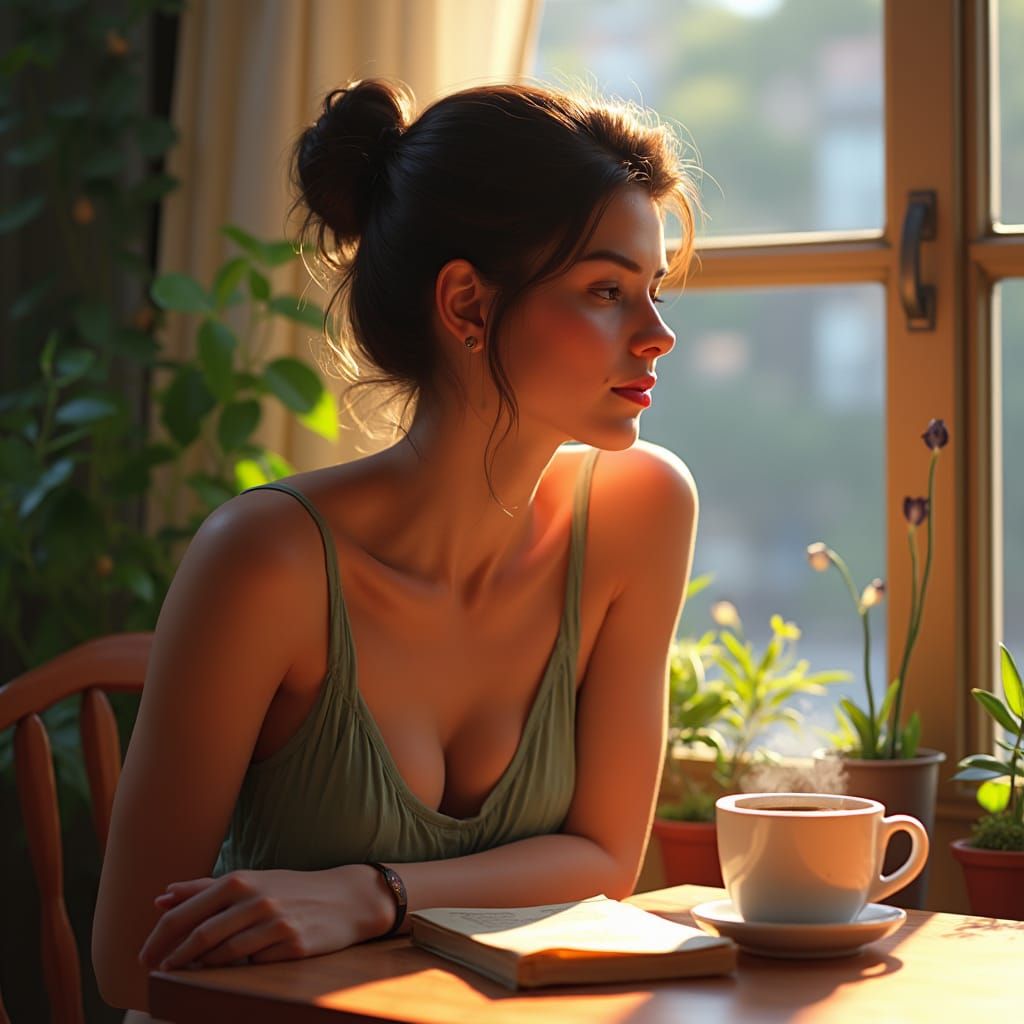 Sunlit Cafe Scene in Photorealistic Style