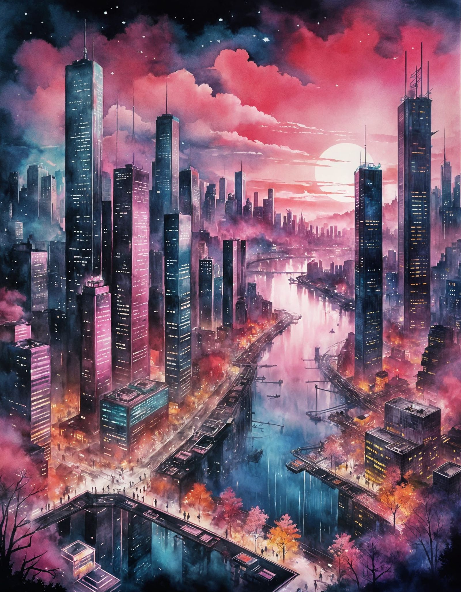 Cyberpunk City Meets Countryside in Watercolor