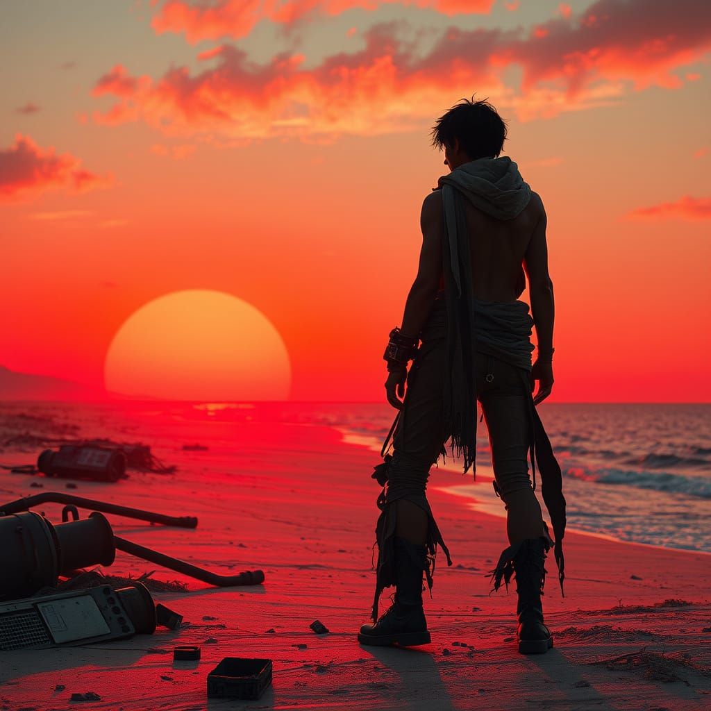Dystopian Sunset: Lone Figure on Desolate Beach