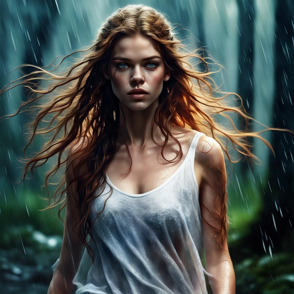 Ethereal Forest Run: Hyperrealistic Rain-Soaked Portrait