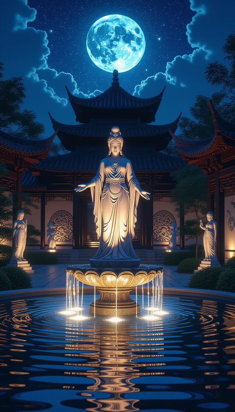 Goddess Statue in Moonlit Courtyard with Cosmic Reflections