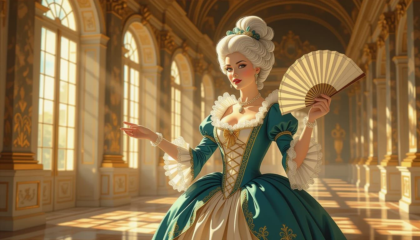 Lady in 1770s Gown Fanning Herself in Baroque Palace