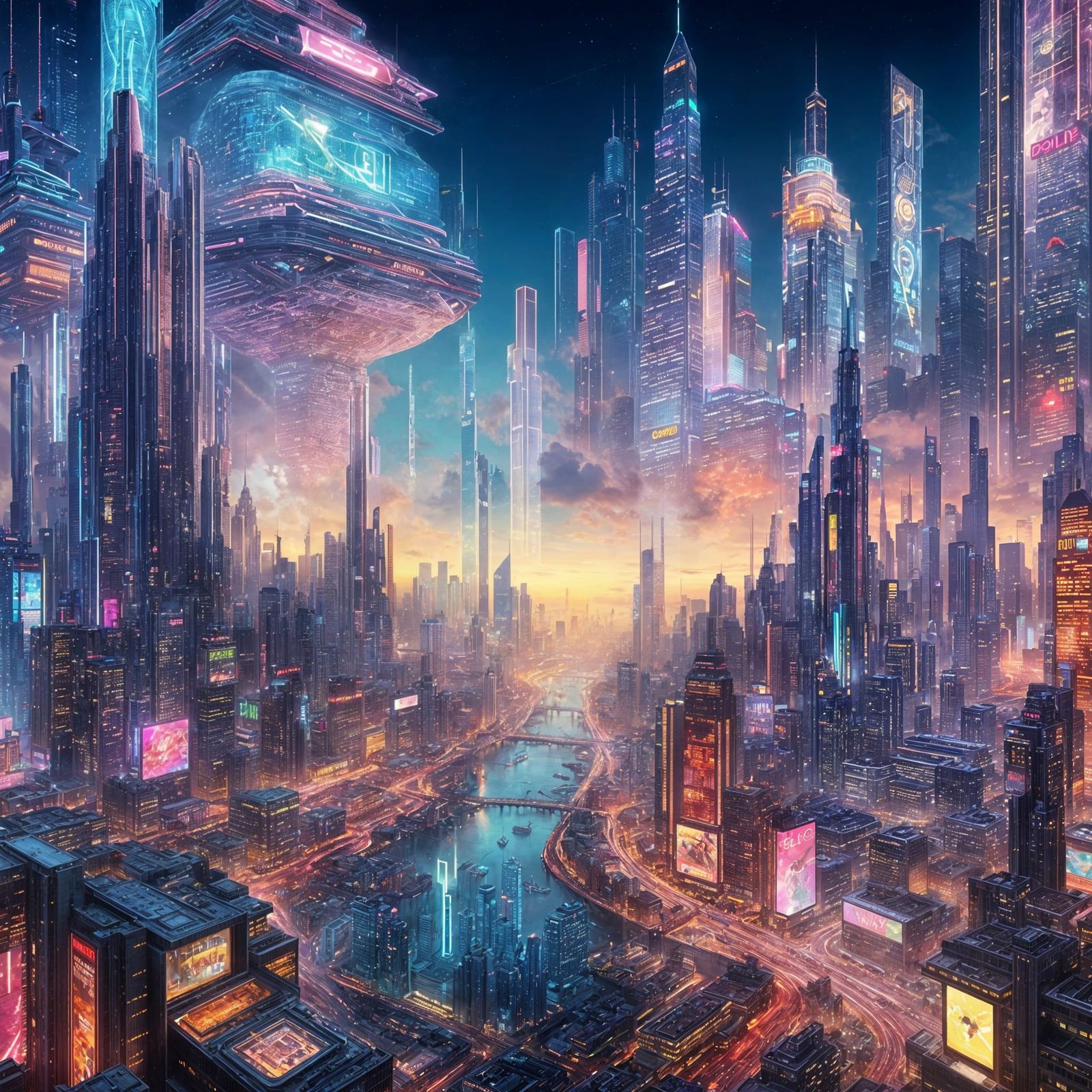 Cyberpunk Cityscape with Art Deco Skyscrapers