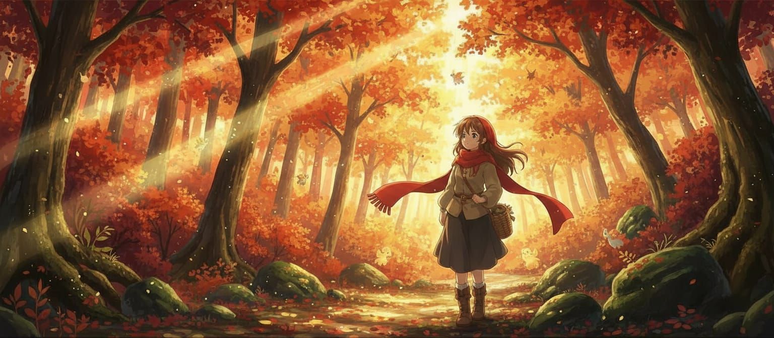 Anime Character Walking Through Autumn Forest