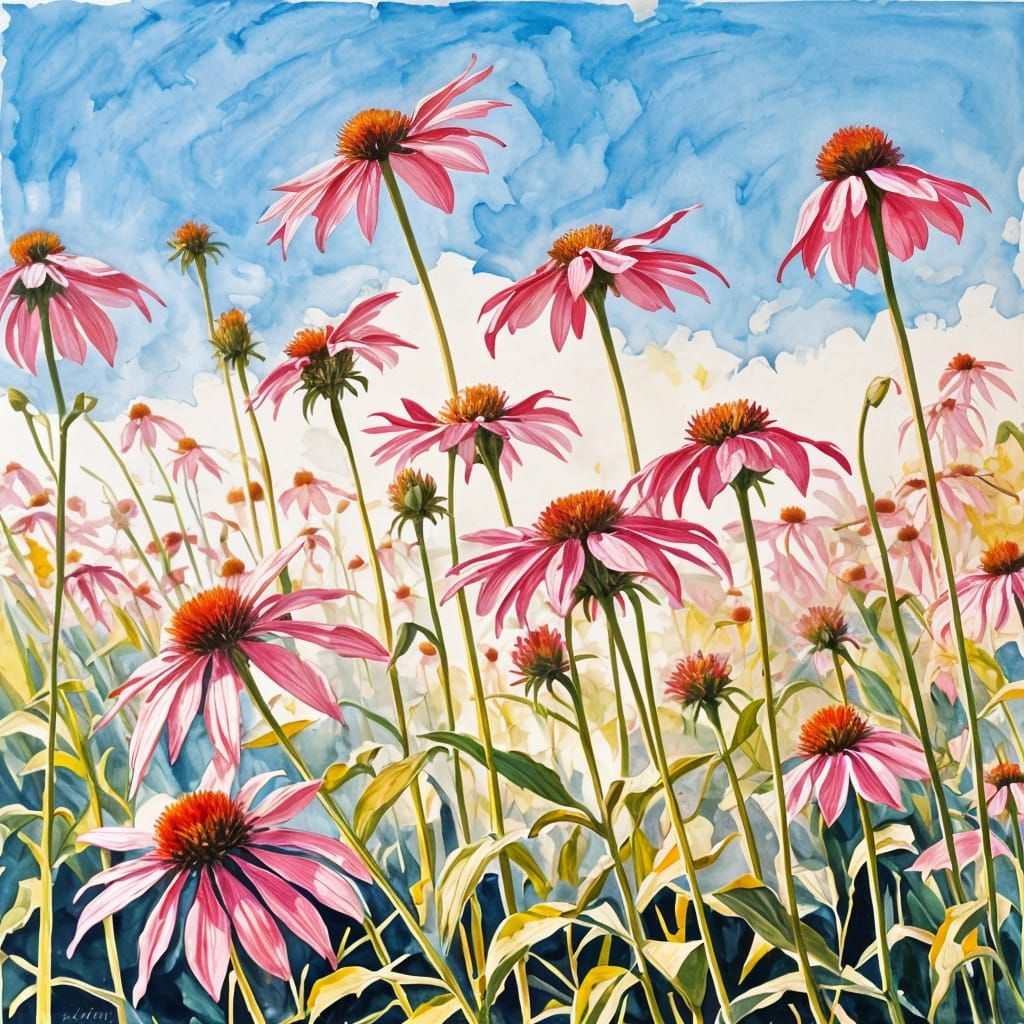 Pink Coneflowers Field in Gouache Painting Style