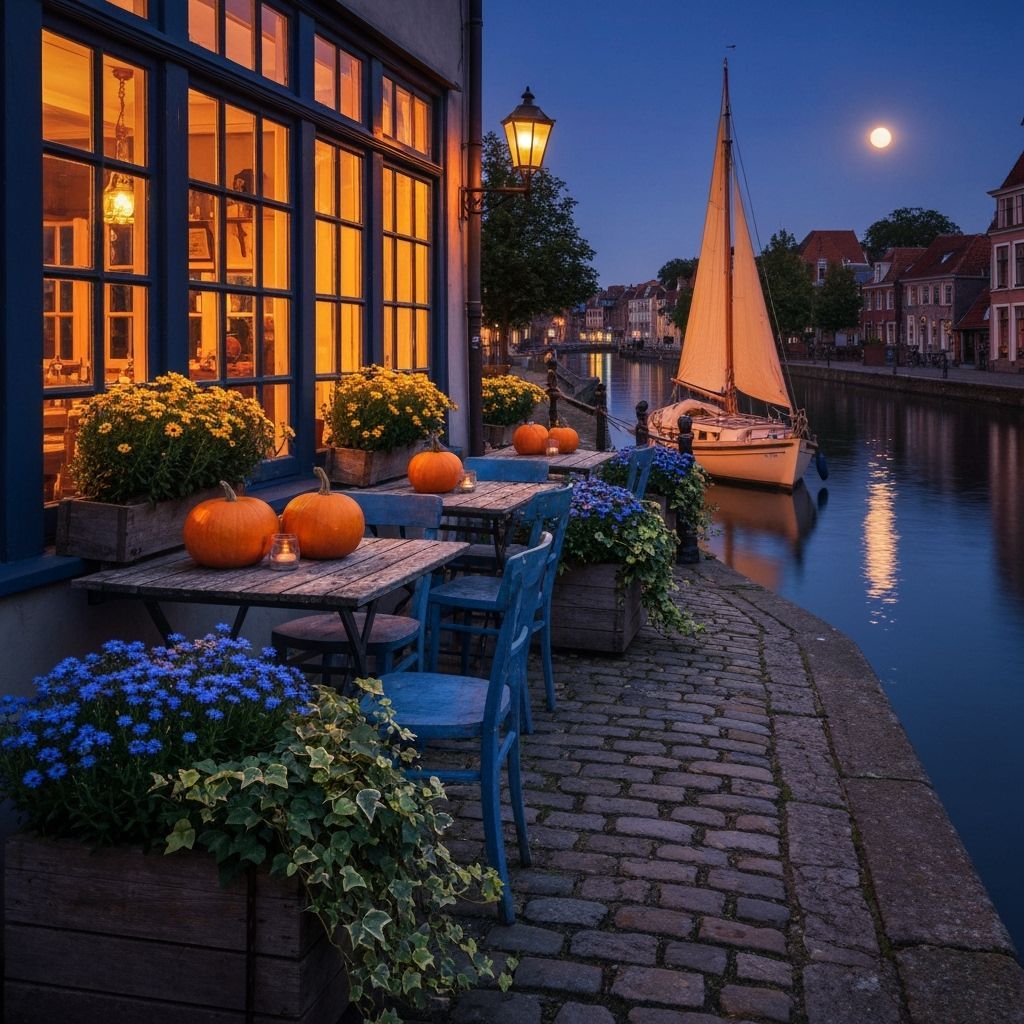 European Canal Cafe at Dusk with Azure Chairs and Pumpkins