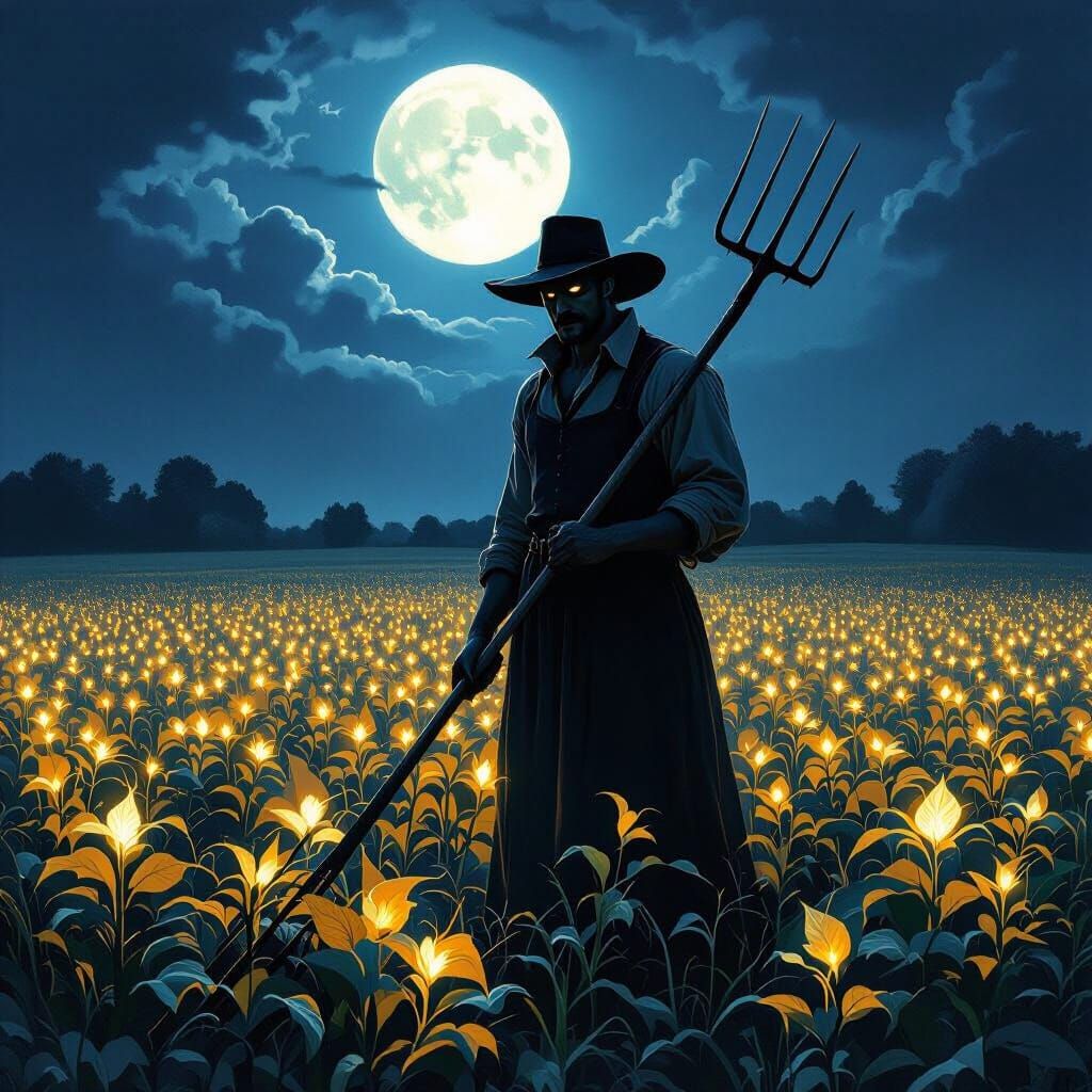 Vampire Farmer in Moonlit Glowing Crops