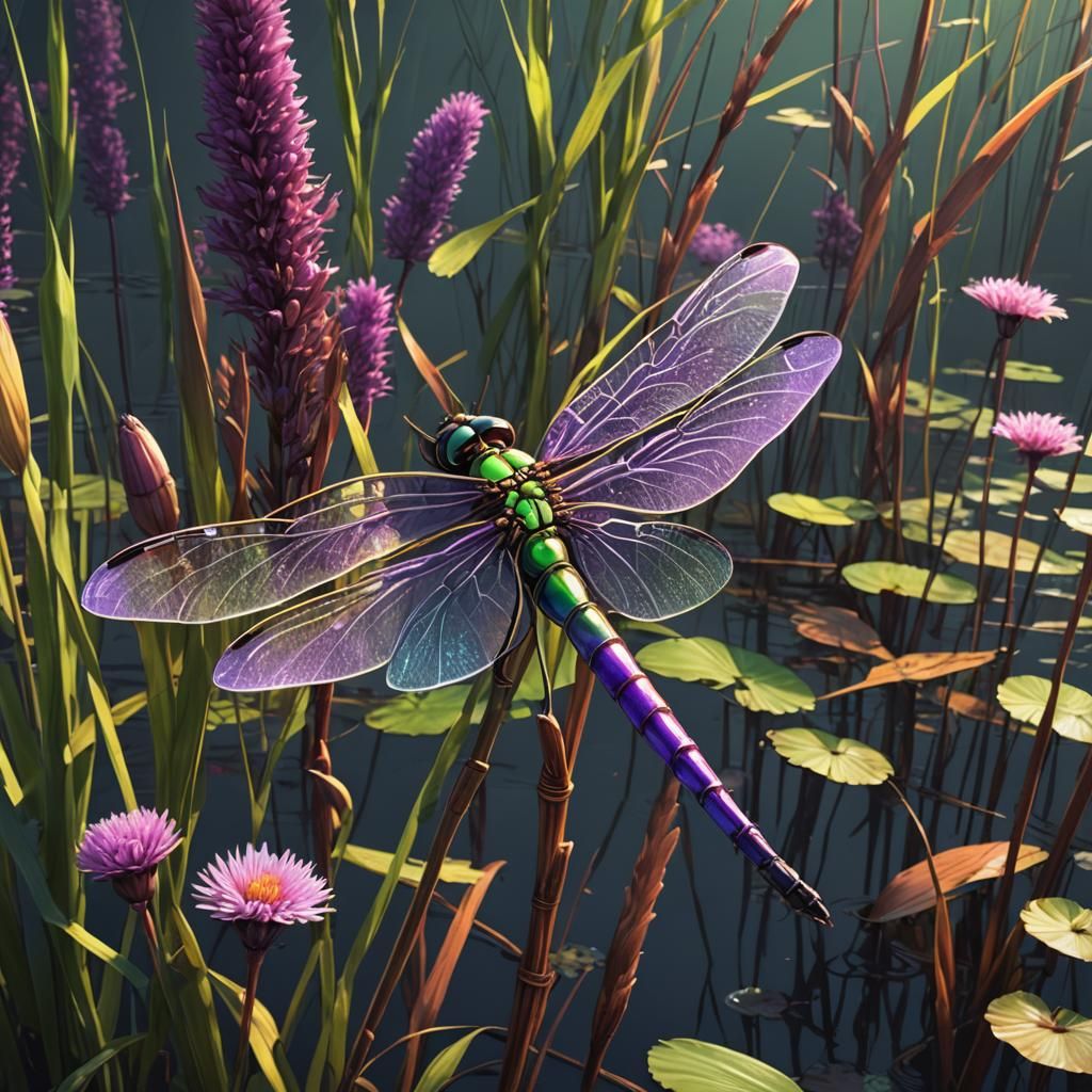Whimsical Dragonfly on Cattail in Candy Art Style